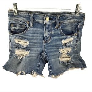 AEO Women Ne(x)t Level Stretch Midi Blue Distressed Jean Denim Cutoff Shorts 4